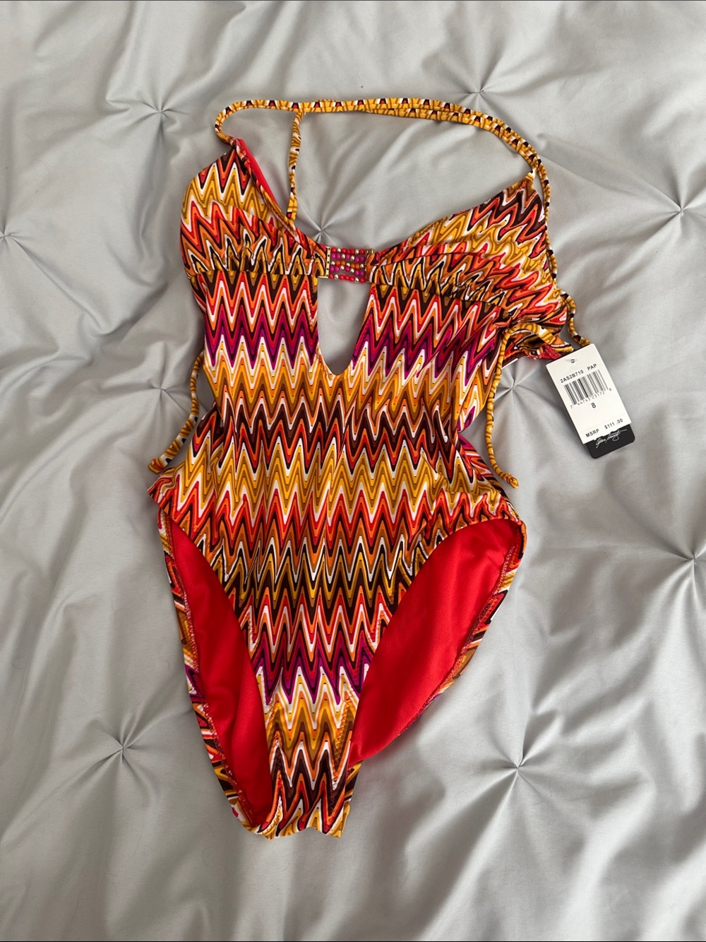 ABS Allen Schwartz Red, Yellow & Pink Zigzag One-Piece Swimsuit